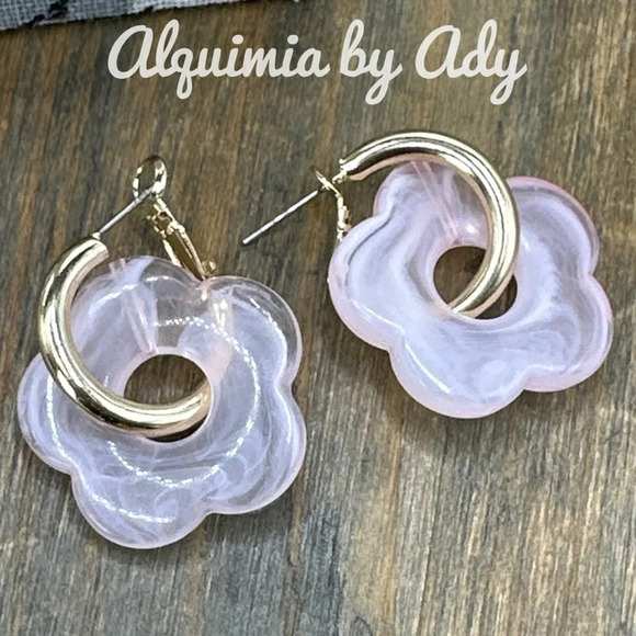 Gold Acrylic/Lucite big flower charm small gold hoops/hoop charm earrings/ boho - Picture 1 of 2